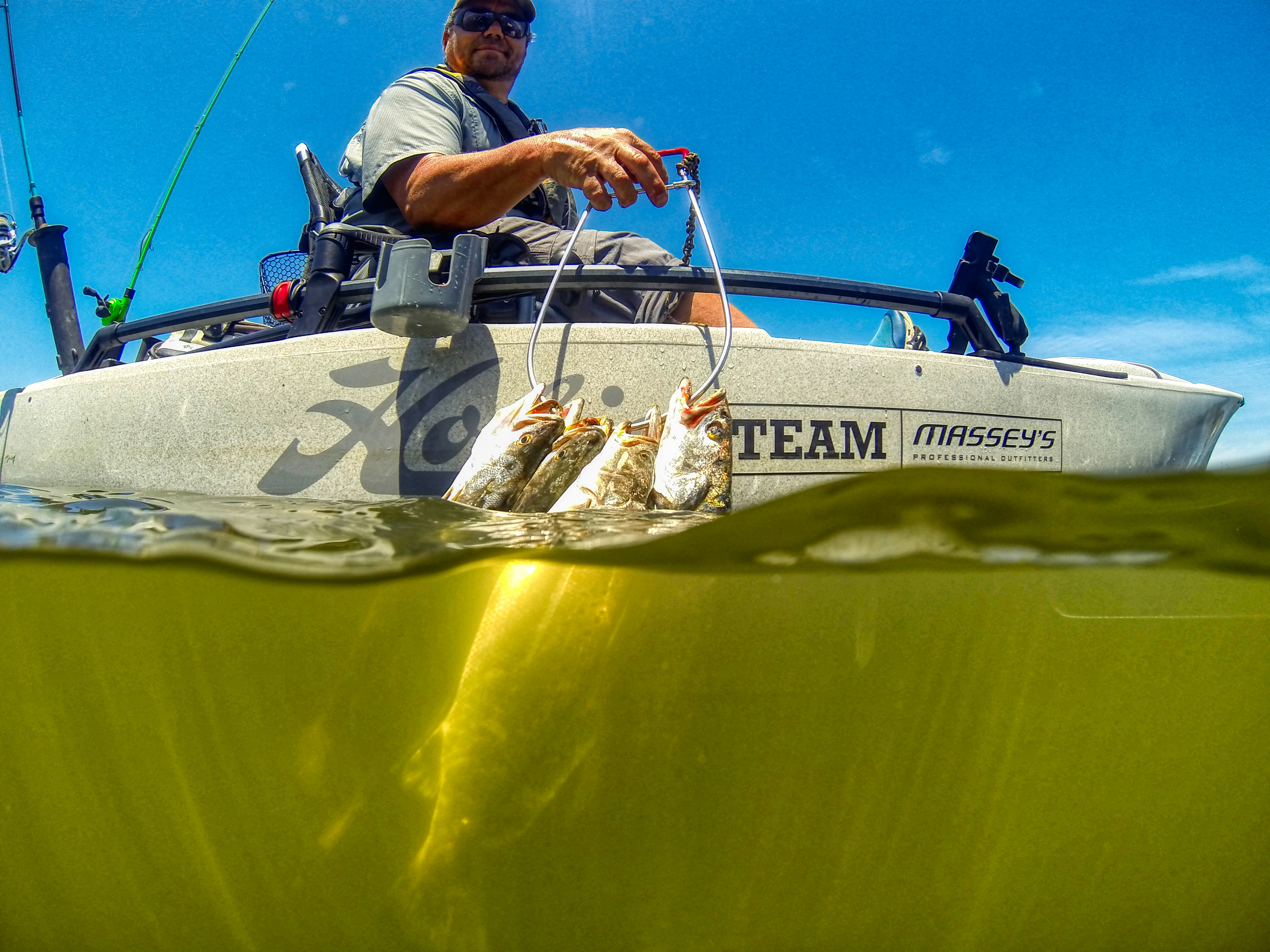 Kayak fishing for redfish and speckled trout off Grand Isle, Louisiana.