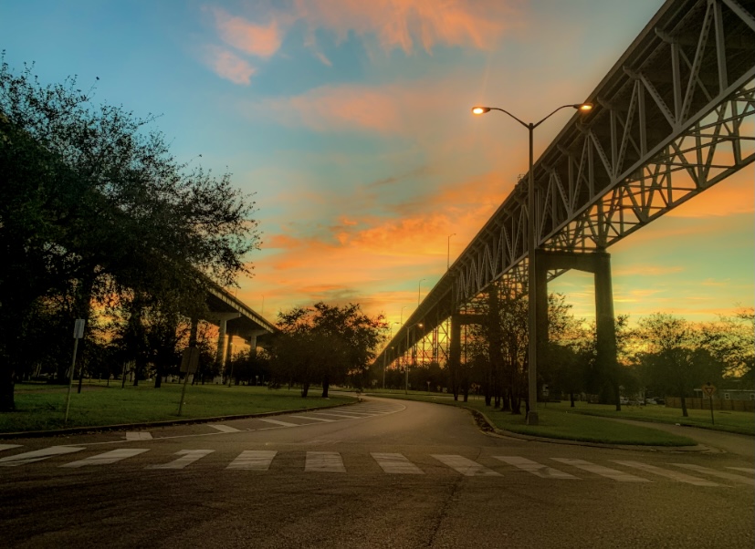 The Mississippi River Bridge at sunrise in Algiers.