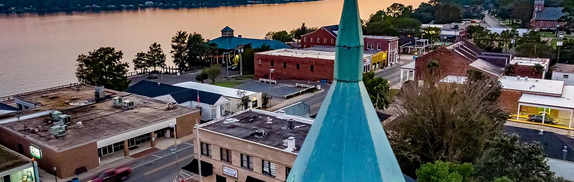 An aerial view of New Roads Main Street.
