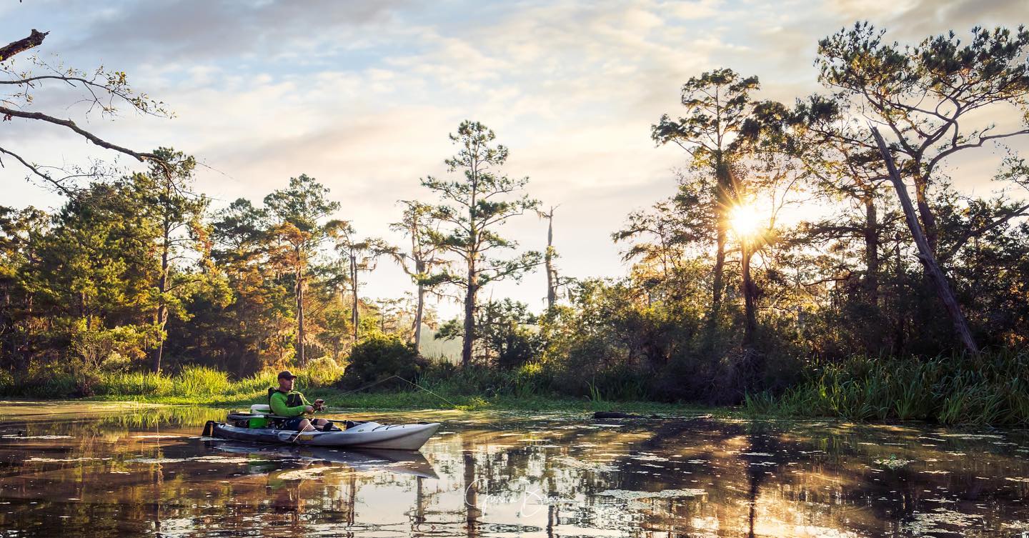 A kayaker floats through a bayou in autumn.