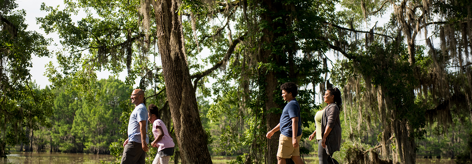A family explores Lake Bistineau State Park.