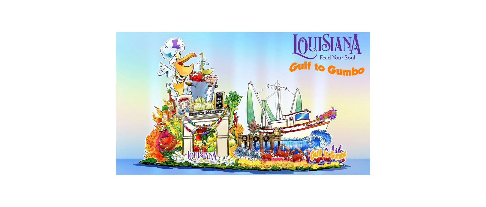 An artist's rendering of the 2026 Explore Louisiana Rose Parade float, featuring gumbo ingredients and a shrimp boat, plus a pelican chef stirring a pot of seafood.