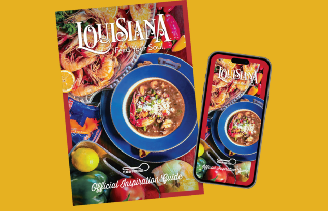 The Official Louisiana 2025 Inspiration Guide in print and on mobile with a yellow background.