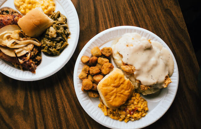 Two plates of soul food in South Louisiana.