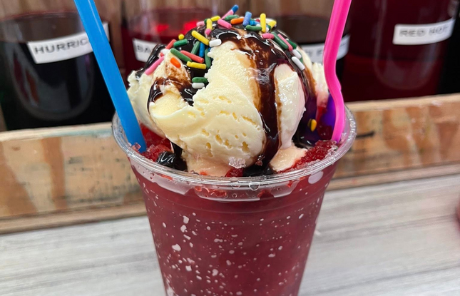 Red snowball with a scoop of ice cream on top