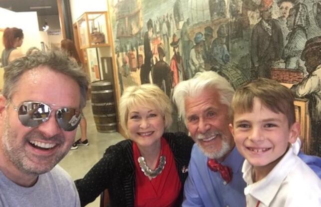 Jason Bayard, Dee Wallace, Barry Bostwick &amp; Bayard's son on set of Christmas in Louisiana