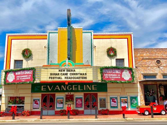 Evangeline Theater Dressed for Christmas in Louisiana Movie