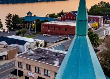 An aerial view of New Roads Main Street.