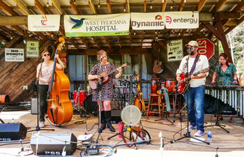 A folk band performs.