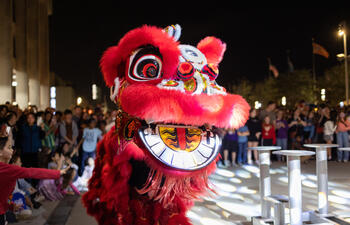 A crowd watches a performer dressed in an elaborate dragon costume.