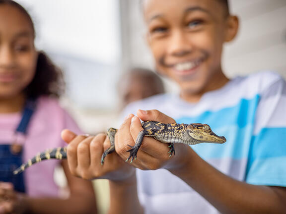 A little boy wearing a blue and white shirt smiles while holding a baby alligator, while a little girl wearing overalls watches.