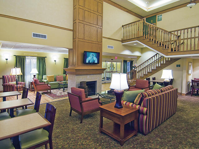 Lobby with double sided fireplace