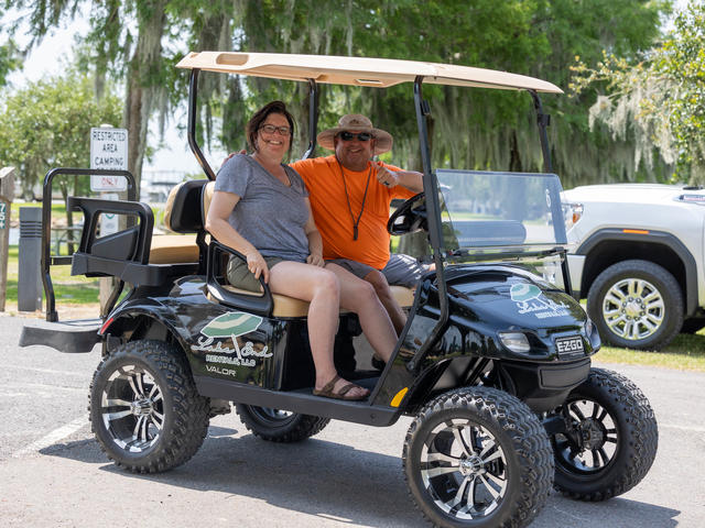 Our golf carts seat up to 4 people and are equipped with bluetooth speakers and LED lights!