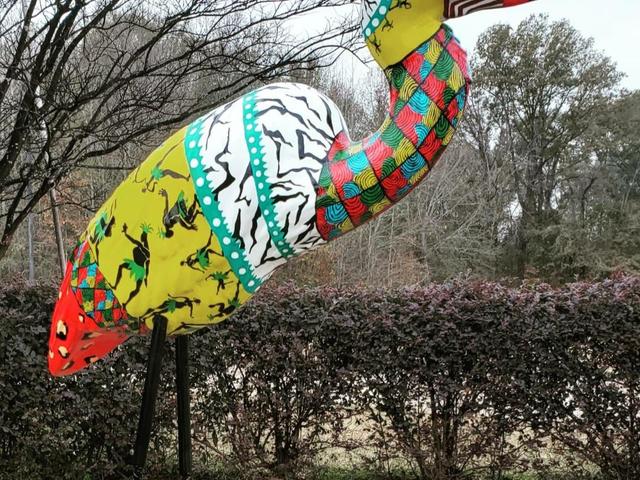 Emmanuel, the museum heron created by Lonesha Tyson, and made possible in part by Alpha Kappa Alpha Sorority, Incorporated-Zeta Phi Omega Chapter, The Ivy Merit Foundation, Dr. Leigh Hersey, and Newk’s Eatery, greets museum guests from his island refuge w