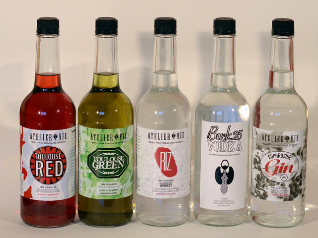 Toulouse Red, Absinthe Rouge; Toulouse Green, Absinthe Verte; RIZ, Louisiana Rice Whiskey; Buck 25 "Professional Infusion Grade" Vodka; Euphrosine Gin #9