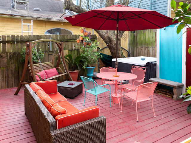 Back patio with hot tub