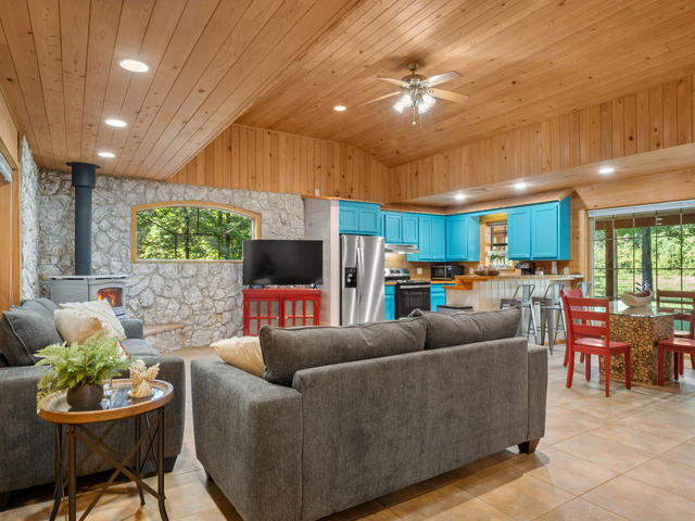 Cozy family room with wood burning fireplace