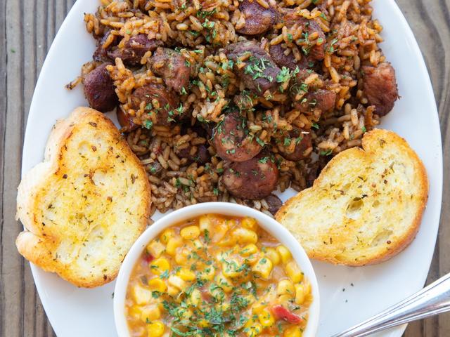 Jambalaya Plate with Corn Maque Choux & French Bread