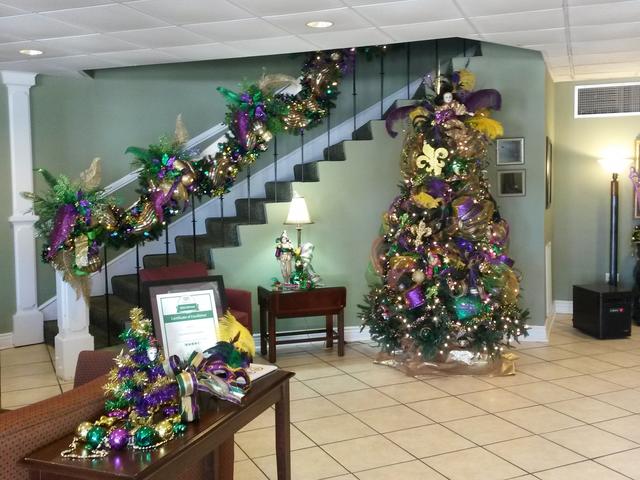 Lobby decorated for Mardi Gras