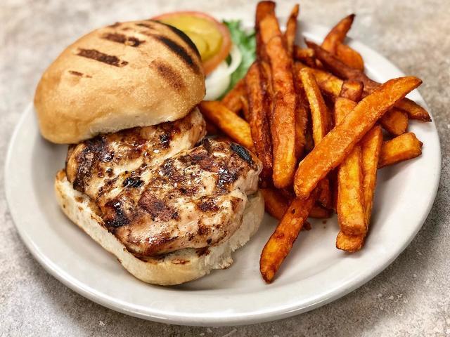 Chicken sandwich with sweet potato fries