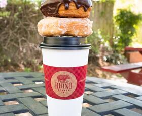 Donuts and cup of coffee at Rhino Coffee in Shreveport, Louisiana