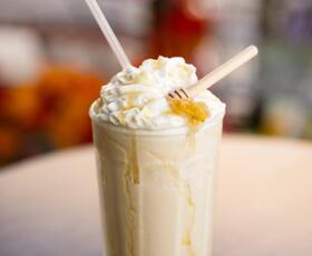 A portrait of a honey-drizzled frappe at Tamp &amp; Grind Coffee in Alexandria, Louisiana