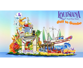 An artist's rendering of the 2026 Explore Louisiana Rose Parade float, featuring gumbo ingredients and a shrimp boat, plus a pelican chef stirring a pot of seafood.