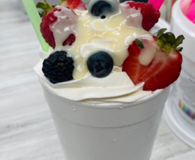 Snowball topped with berries
