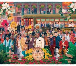 A vividly colored, illustrated poster shows dozens of performers gathered behind a sign for Jazz Fest; a streetcar passes behind them and flowers and greenery fame the scene