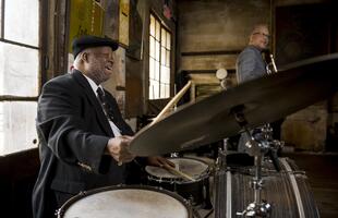 Drummer of a jazz band performing at Preservation Jazz Hall in New Orleans.