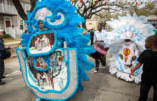 Mardi Gras Indians in Elaborate costumes parade on Super Sunday in New Orleans.