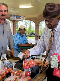 A vendor and shopper holding bags of apples at the Opelousas Farmers Market in Louisiana.
